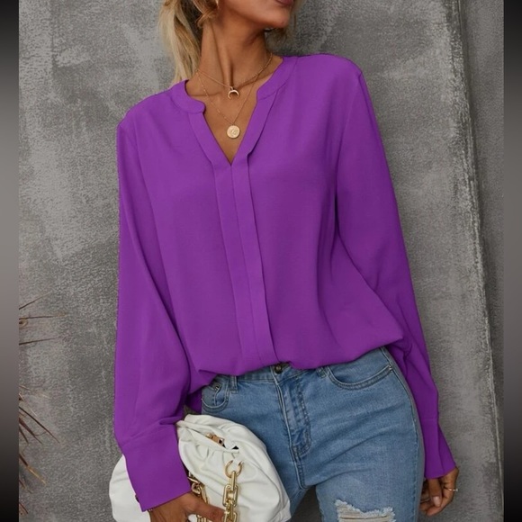 New notched v neck purple long sleeve blouse - Picture 4 of 6